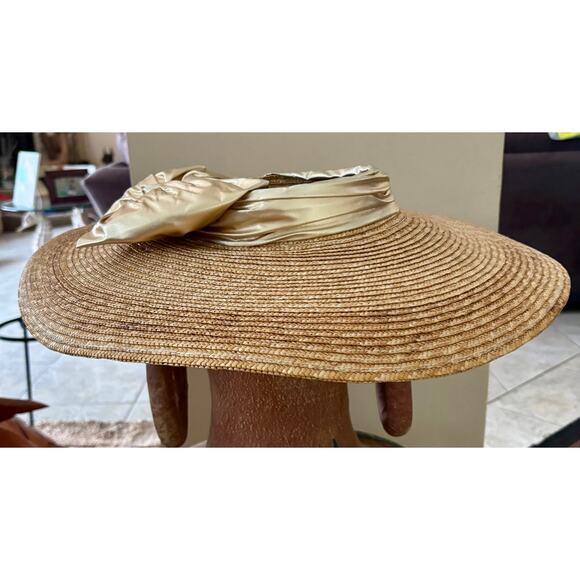 Vintage Deborah Rhodes Mocha Straw Hat Gold Metallic Bow Trim Sun Beach 19\